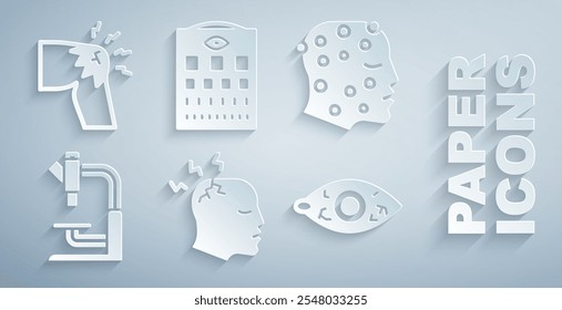 Set Man having headache, Psoriasis or eczema rash, Microscope, Reddish eye, Eye test chart and Joint pain, knee pain icon. Vector