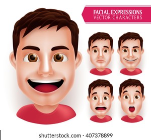 Set Man Head Emotions in 3D Realistic with Different Facial Expression Isolated in White Background. Vector Illustration
