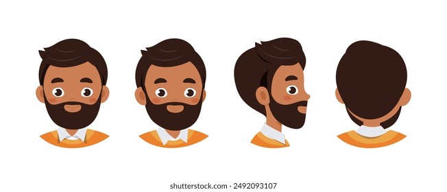 Set of man heads. Adult with beard from different angles of view. Pack of design elements for creating animations. Avatar for social networks. Flat vector collection isolated on white background
