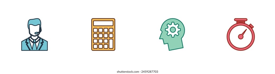 Set Hombre con auriculares, calculadora, equipo humano en el interior y el icono de Cronómetro. Vector