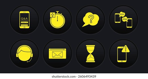 Set Man with a headset, Chat messages on mobile, Mail and e-mail, Hourglass, Speech bubble Question, Stopwatch, Mobile exclamation mark and Exclamation icon. Vector