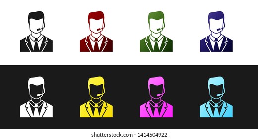 Set Man with a headset icon isolated on black and white background. Support operator in touch. Concept for call center, client support service. Vector Illustration
