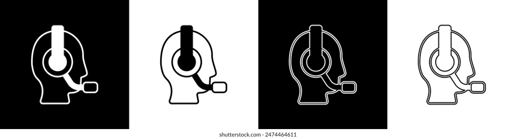 Set Hombre con un icono de auriculares aislado sobre fondo blanco y negro. Operador de Asistencia en contacto. Concepto de centro de llamadas, servicio de Asistencia del cliente.  Vector