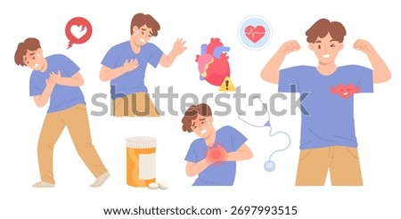 Set of man with Heart attack symptom and healthy heart isolated on white background. Urgent sings of Heart Failure. Flat vector illustration of chest pain, medicine, cardiac arrest.