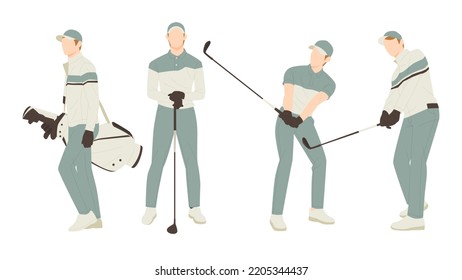 set of man hobby is playing golf. people flat design illustration