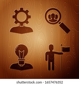 Set Man holding flag, Human with gear inside, Human head with lamp bulb and Magnifying glass for search a people on wooden background. Vector
