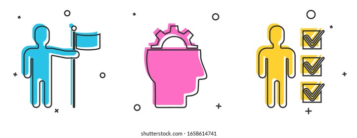 Set Man holding flag, Human with gear inside and User of man in business suit icon. Vector