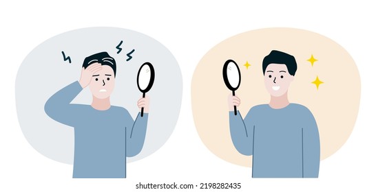 Set of man holding mirror before and after. Boy find grey hairs growing on head and dyeing hair. Early aging, Maturity, beauty, hairstyle concept. Flat cartoon people vector illustration. svg
