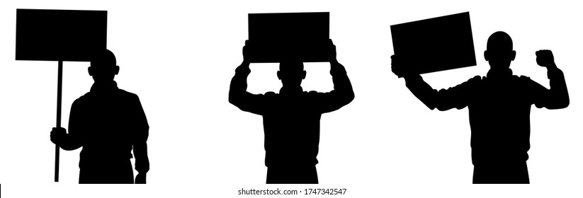 Set of man holds in hands protest sign. Poster in the hand. Strike concept. Silhouette vector design.