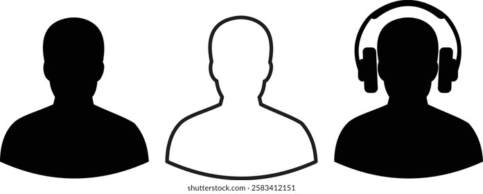 Set of man icon. isolated on white background.  man wearing headphones. black. 