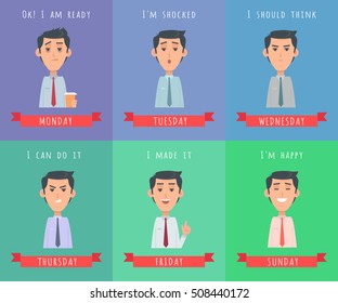 Set of man illustrations. Ok! I'm ready. I'm shocked. I should think. I can do it. I made it. I'm happy. Avatar userpics of emotions. Monday, Tuesday, Wednesday, Thursday, Friday, Saturday, Sunday.