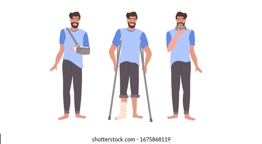 set man with injuries fracture of leg arm and neck damage guy with gypsum and fixing collar broken limbs collection flat full length horizontal vector illustration