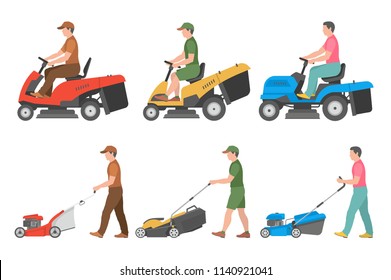 Set of Man with lawnmower. flat style. isolated on white background