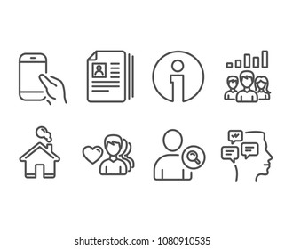 Set of Man love, Find user and Cv documents icons. Teamwork results, Hold smartphone and Messages signs. Romantic people, Search person, Portfolio files. Group work, Phone call, Notifications. Vector