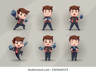 set of man mascot cartoon character in red black uniform
