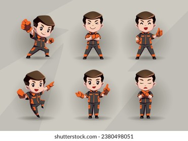 set of man mascot cartoon character in orange black uniform