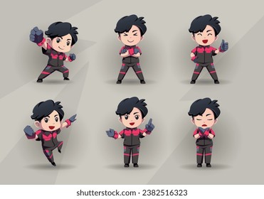 set of man mascot cartoon character in red black uniform	
