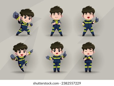 set of man mascot cartoon character in green dark blue uniform	