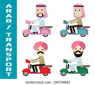 Set man Middle East hipster is riding  motorbike.
arab and muslim people character graphic.
Flat icon modern design style vector illustration concept.