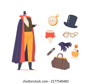 Set Man of Nineteenth Century Fashion and Accessories. Gentleman Wear Vintage Long Cape and Top Hat, Shirtfront, Pocket Watch, Glasses, Bag, Cigar, Gloves and Perfume. Cartoon Vector Illustration