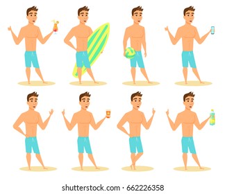 Set of man on beach poses and gestures. Cartoon guy in shorts smiles with phone, surfboard, beach volleyball ball, sunscreen, cocktail, water bottle, raised index finger. Character design