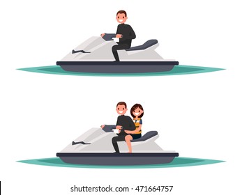 Set of man on the jet ski one and  with woman. Vector illustration of a flat design