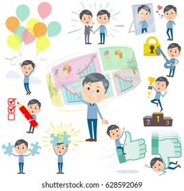 A set of man on success and positive.There are actions on business and solution as well.It's vector art so it's easy to edit.
