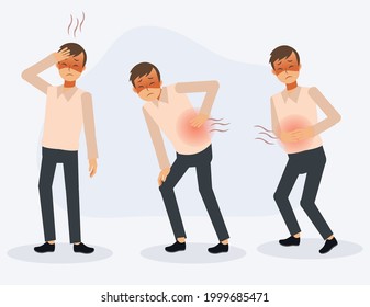 Set of a man is pain in different parts of the body,A man got sick. Backache, headache, stomach ache .Flat Vector cartoon character illustration