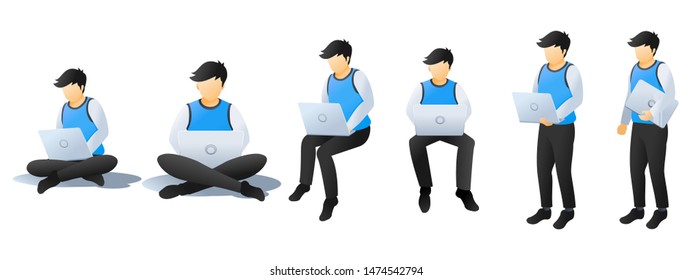 Set of man playing, carrying or holding laptop. A man sitting and standing use his laptop with different positions. Flat Cartoon characters design isolated on white background. Vector illustration