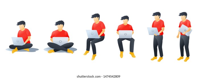 Set of man playing, carrying or holding laptop. A man sitting and standing use his laptop with different positions. Flat Cartoon characters design isolated on white background. Vector illustration