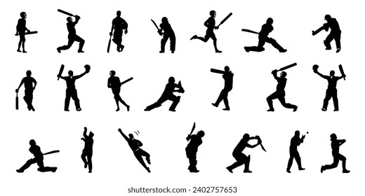 Set of Man Playing cricket batting bowling fielding catching ball Vector Illustration icon Collection