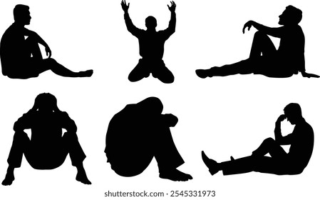 Set of man praying God and man depression with sitting silhouette vector illustration