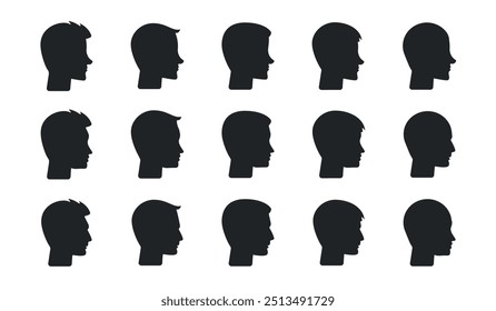 Set of man profile silhouettes, diverse faces looking sideways vector icons. Man faces with different hair style. 