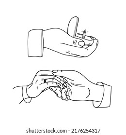 set of man putting engagement ring on woman hand, outdoor. marriage proposal. doodle Graphic vector illustration. Line art, Sketch. Wedding ring. Hand draw vector illustration. Vector illustration