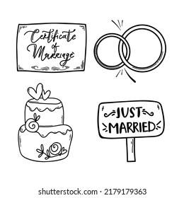 set of man putting engagement ring on woman hand, outdoor. cake, rings, marriage certificate marriage proposal. doodle Graphic vector illustration. Line art, Sketch. Wedding ring. 