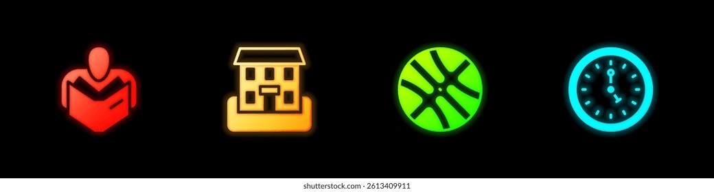 Set Man reading book, School building, Basketball ball and Clock icon. Vector