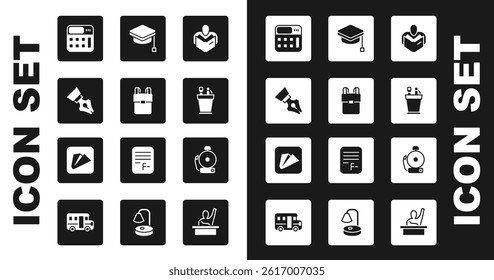 Set Man reading book, School backpack, Fountain pen nib, Calculator, Pencil case stationery, Graduation cap, Ringing alarm bell and Paper airplane icon. Vector