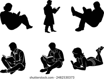 set of man reading book silhouette illustration, Woman reading book silhouettes set, People reading newspaper and book collection