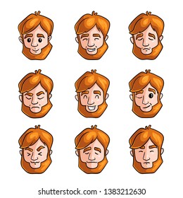 Set of man redhead in different poses and face emotions
