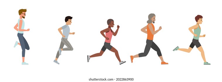 Set of man running character vector design. Group of people jogging exercising together.