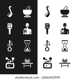 Set Man in the sauna, Sauna brush, ladle, Mortar and pestle, thermometer, hourglass, bench with bucket and Bar of soap icon. Vector