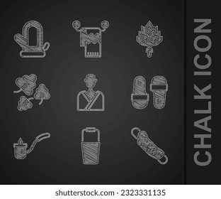 Set Man in the sauna, Sauna bucket, Washcloth, slippers, ladle, Oak leaf, broom and mitten icon. Vector