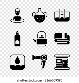 Set Man in the sauna, Essential oil bottle, Swimming pool with ladder, Water drop, Hair dryer, Sauna wooden bathhouse, Spray can for hairspray and Kettle handle icon. Vector