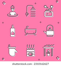 Set Man in the sauna, Shower, Bar of soap, Spray can for hairspray, Bathtub, Kettle with handle, Sauna mittens and Hot stones icon. Vector