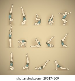 Set of man schematic vector figures in different poses doing gymnastic and acrobatic exercises isolated on beige background illustration