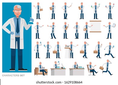 Set of Man Scientist character vector design. Presentation in various action with emotions, running, standing and walking. 