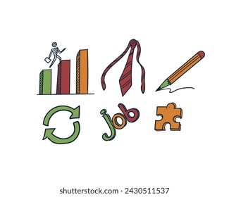 Set of man seeking job concept icons for business, finance and office in hand drawn doodle style