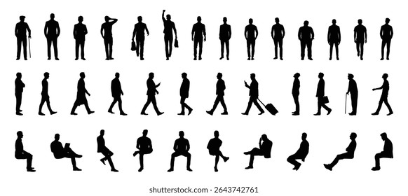 Set of man silhouette, Male silhouette bundle, man standing, walking, sitting silhouette vector illustration.