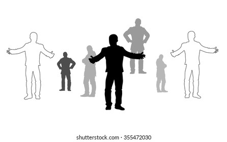 Set of man silhouettes in white, black and grey. Vector illustration.