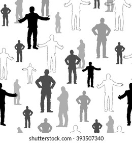 Set of man silhouettes in white, black and grey. Vector seamless pattern.Standing man. Man standing in different position.